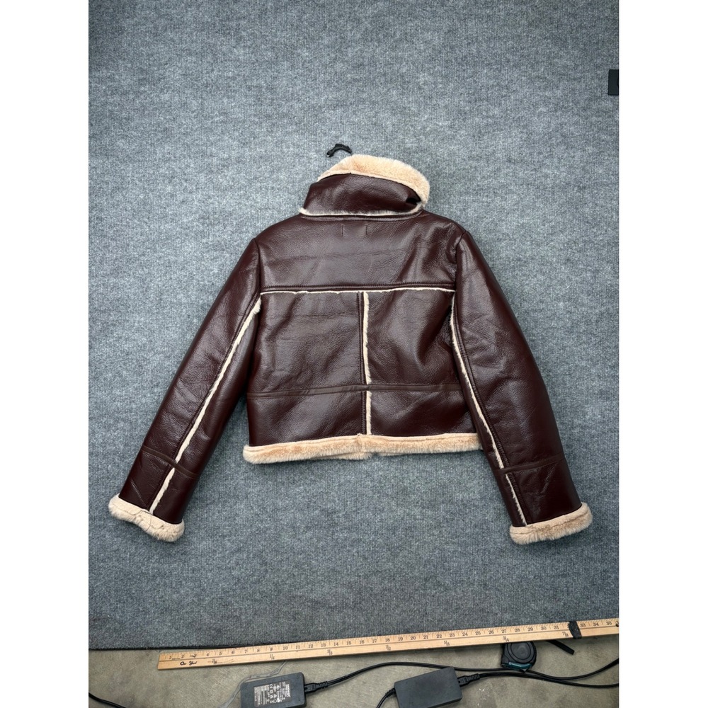36points Womens Small Burgundy Faux Leather Aviator Bomber Jacket Faux Fur Trim - Picture 6 of 16